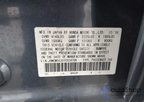 2007 Honda Accord 2.4 Se z USA, uszkodzony, nr VIN JHMCM56307C024709